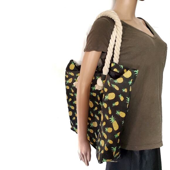 Large Pineapple Print Canvas Tote Bag Lined - Picture 2 of 8